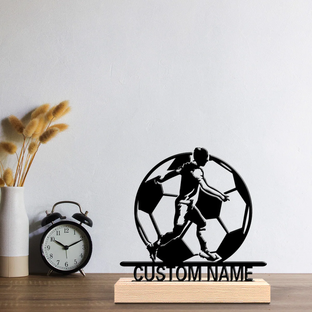 1pc Fashion soccer football Custom Text Tin Statue Art Figurine With Wood Base Iron Sculpture For Friend Gifts