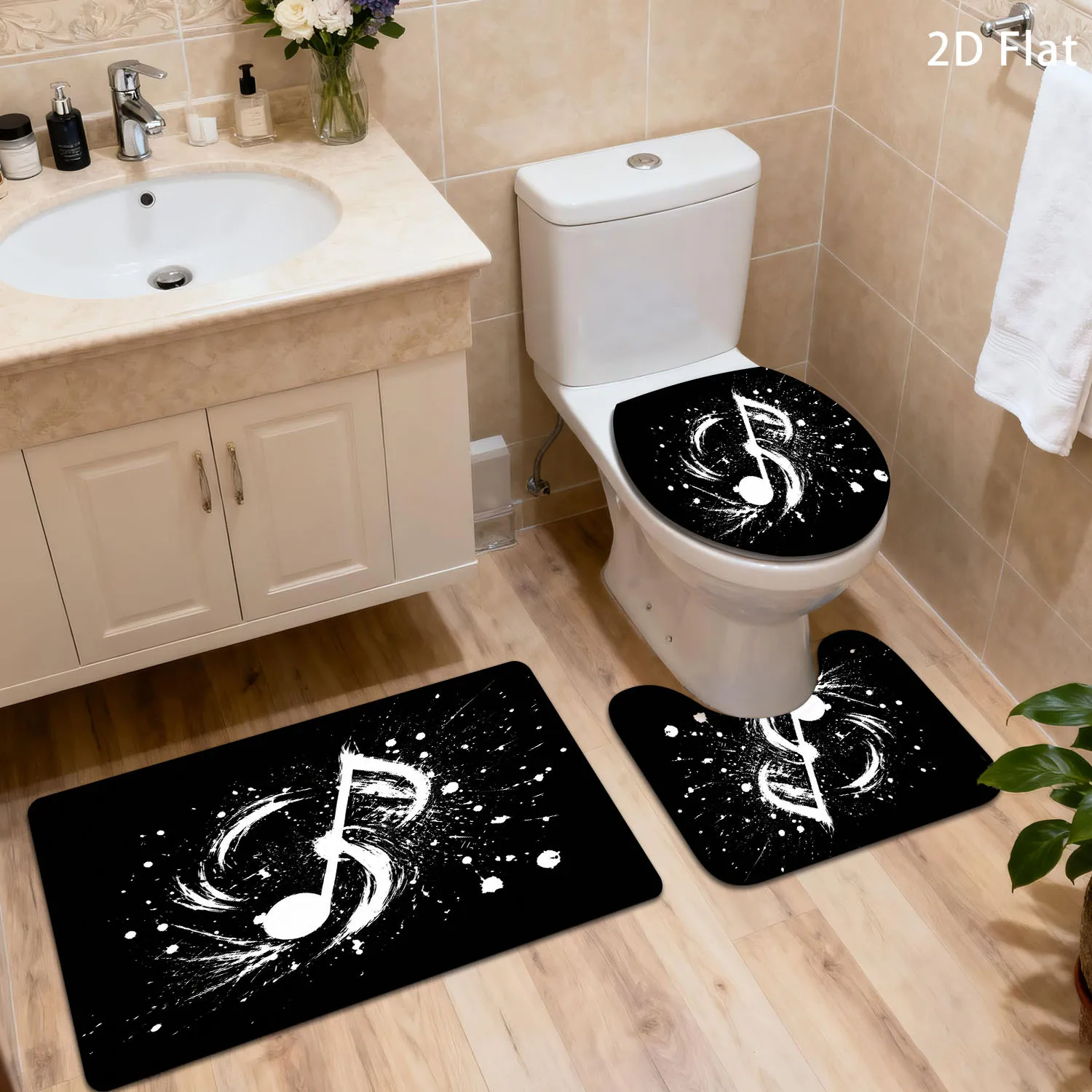 Dekoratives Musiknoten-Badematten-Set, rutschfester Badezimmerteppich, Fußmatte, schwarz-weiß, Pop-Art, Toiletten- und Waschtisch-Dekor-Accessoire