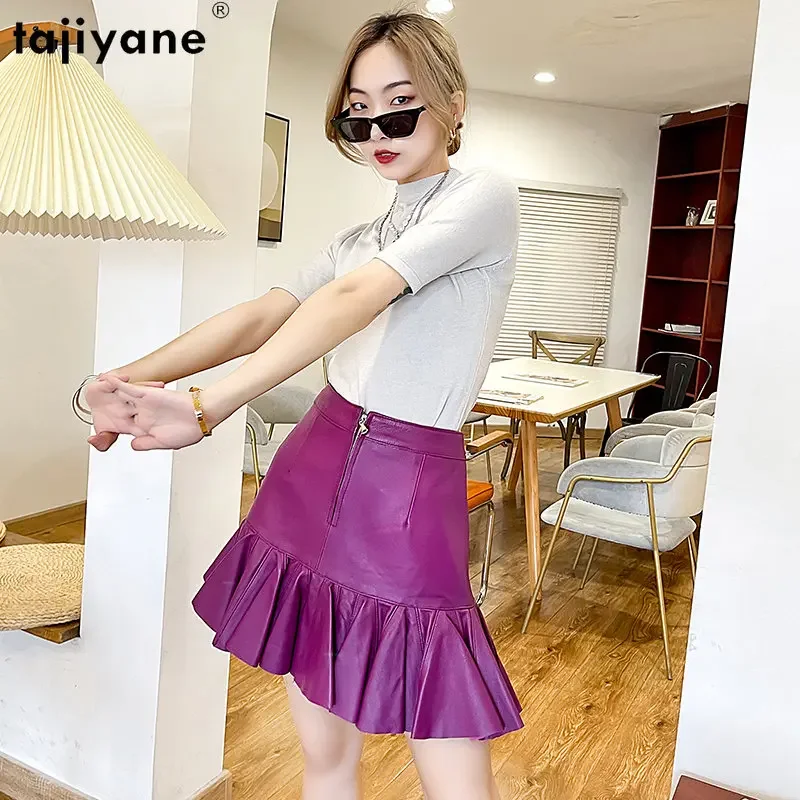 Tajiyane Real Sheepskin Leather Skirts Womens 2022 Mini Skirt Lotus Leaf Swing Skirt Women Clothing Black Skirt Korean Style SGG