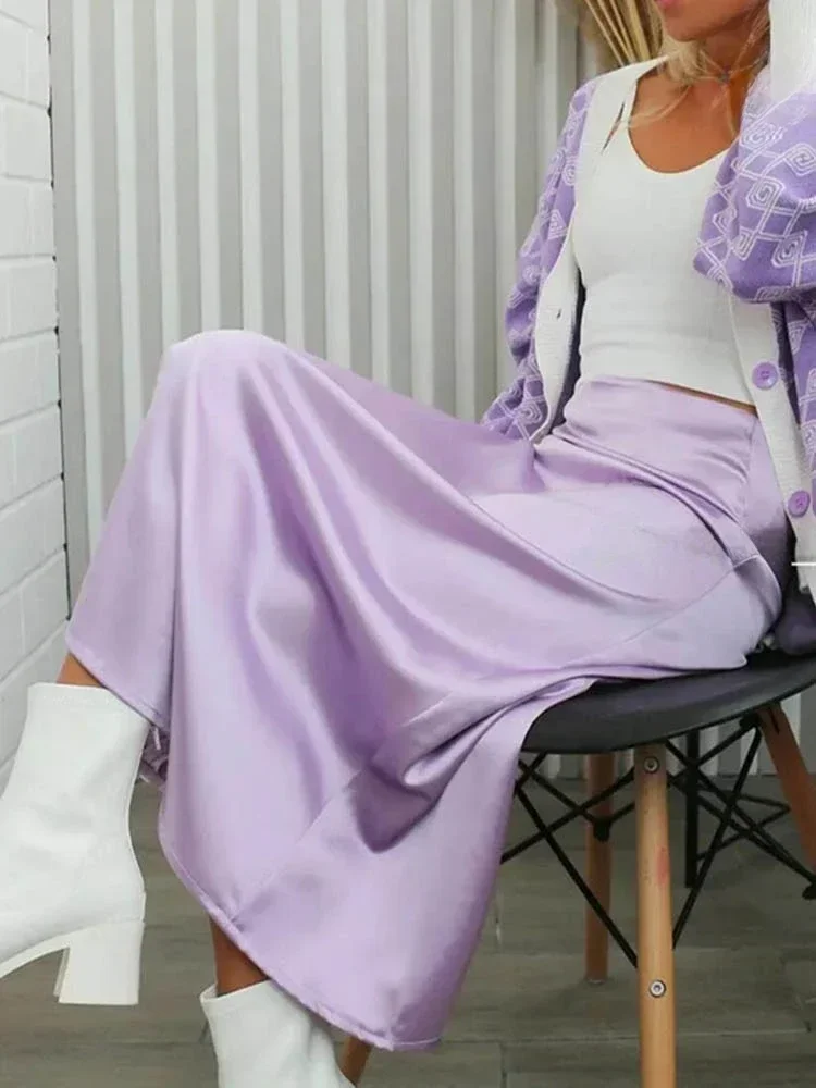 

High Waisted A-line Skirt for Women Satin Silk Solid Elegant Skirts Office Lady Elastic Waist Women's Long Skirt 2025 Summer