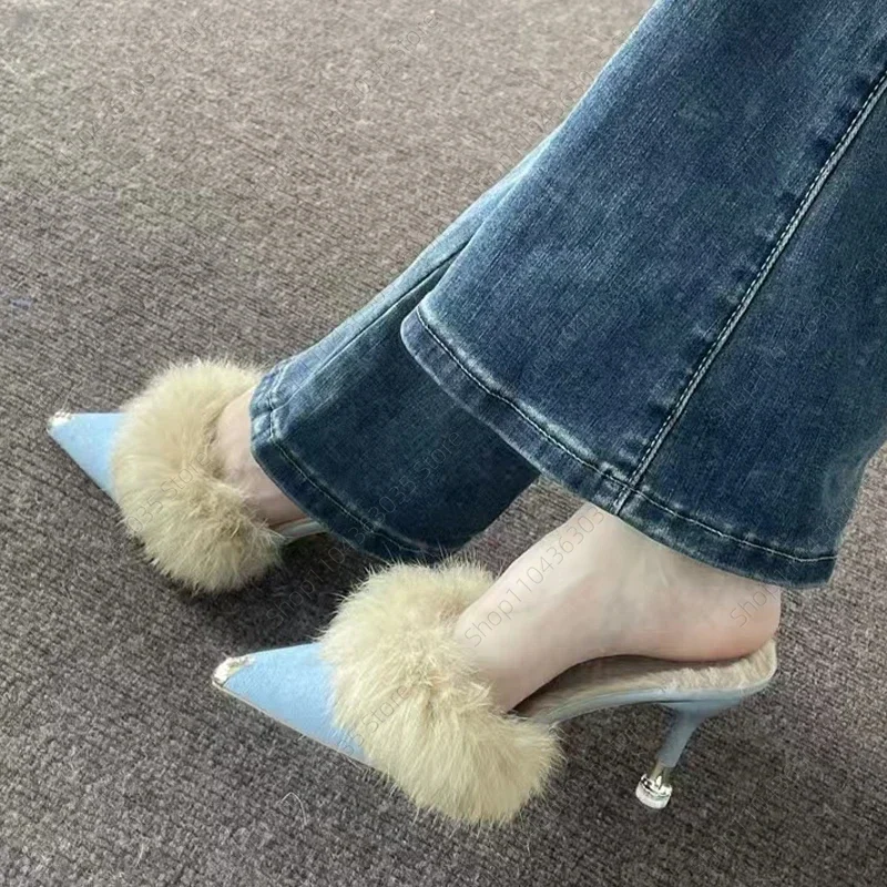 

Fur Women Suede Slippers Elegant High Heels Slingback Shoes Woman 2025 Trend New Designer Sexy Pumps Cotton Slippers Flip Flops