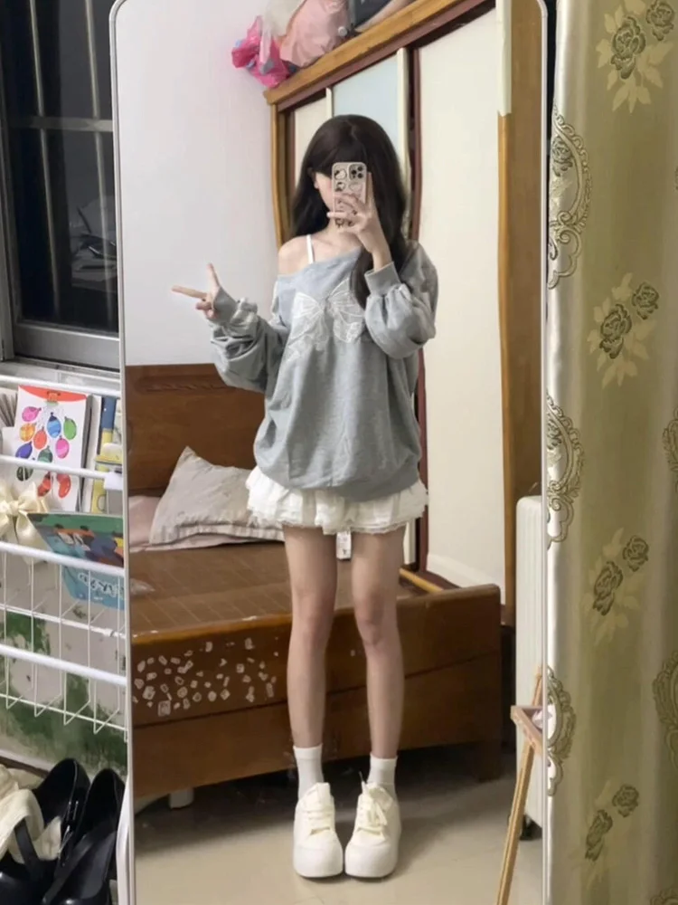 

Gray Knot Loose Women's Sweatshirt Spring Autumn 2024 New Design Lazy Style Small Crowd Spicy Girl Top