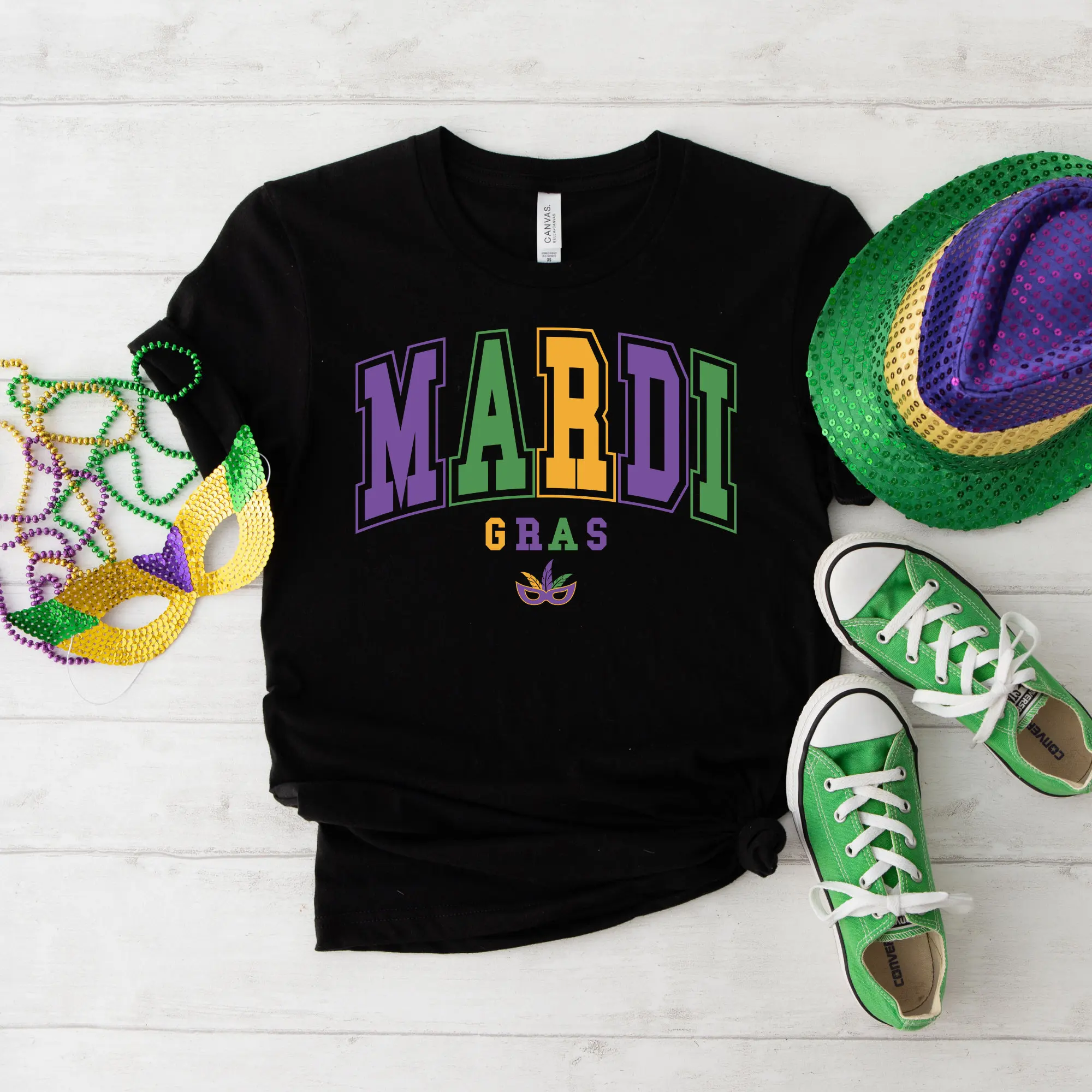 Mardi Gras T Shirt Bead Party Carnival Top Festive Wear Fun Masked College Style Mask