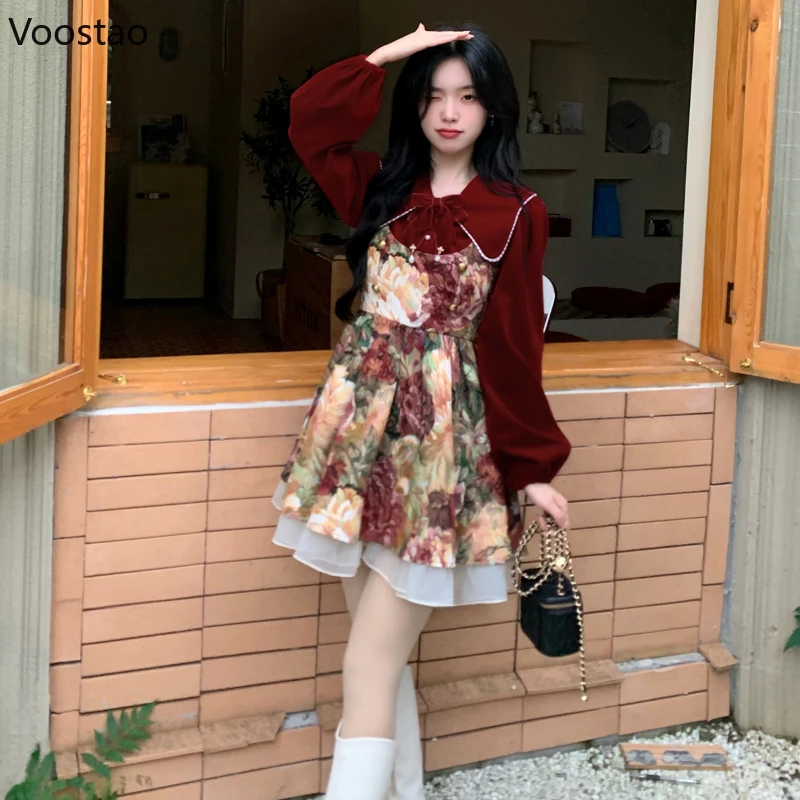 Vintage 2 Piece Dress Set Women Elegant Red Velvet Blouse Tops Floral Print Mini Dress Suit Female Korean Fashion Y2k Party Sets