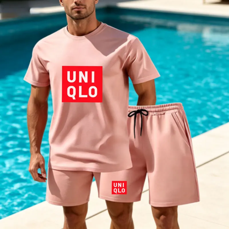Men's motorcycle casual sports set 2-piece summer short sleeved T-shirt+drawstring shorts breathable sports cycling jogging suit 2