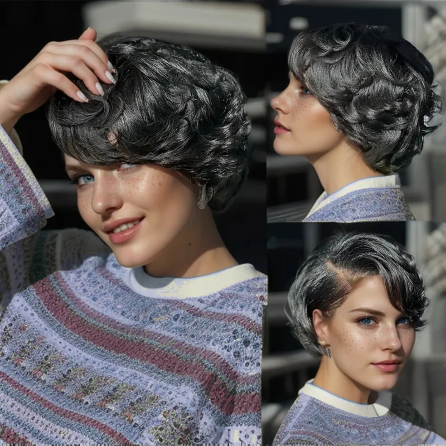 짧은 인모 픽시컷 가발, 보브 가발, 앞머리가 제거된 T자형 레이스 가발, 밀도 150%