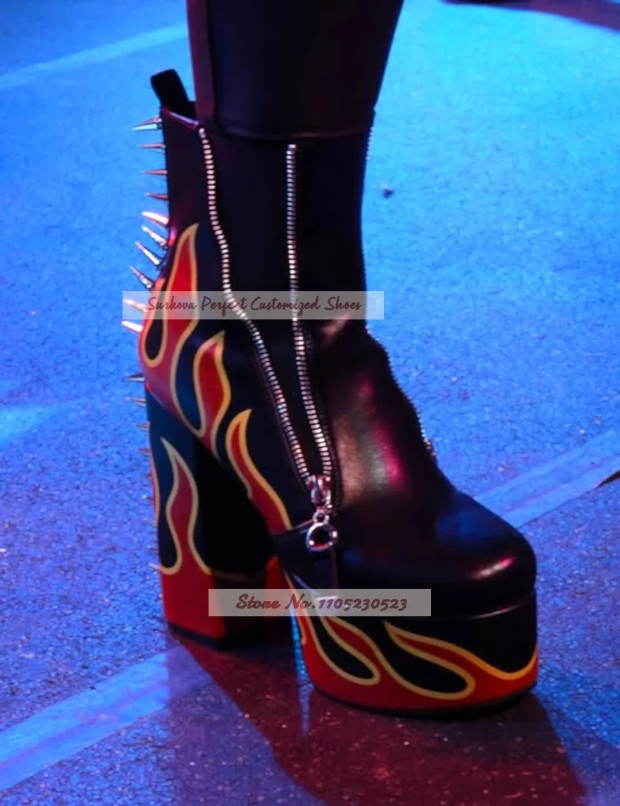 Red Fire Flame Shaped Matched Color Ankle Boots Metallic Rivets Chunky Heel Booties High Platform Zipped Short Boots
