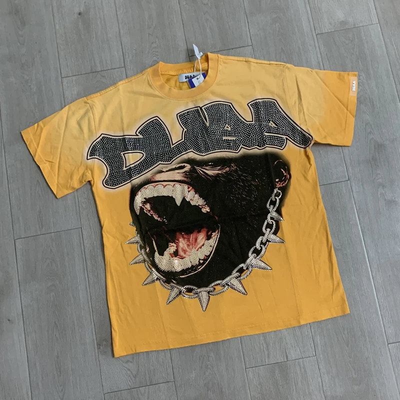 High Street Retro Gorilla Mouth Print Original Label Washed Do Old Hot Diamond White Ink Direct Spray Breathable Duaa Tee