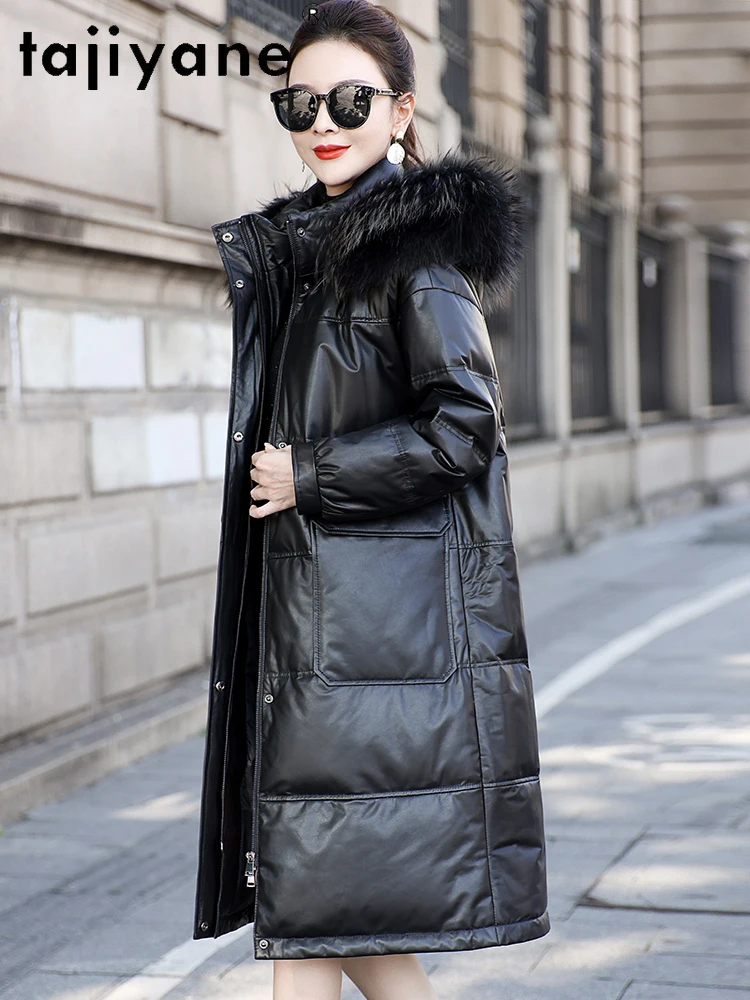 TAJIYANE 100% جلد البقر أوزة أسفل معطف مقنع أسود طويل الجلد الحقيقي سترة منفوخة النساء الراكون الفراء طوق ملابس الشتاء 2025 #2