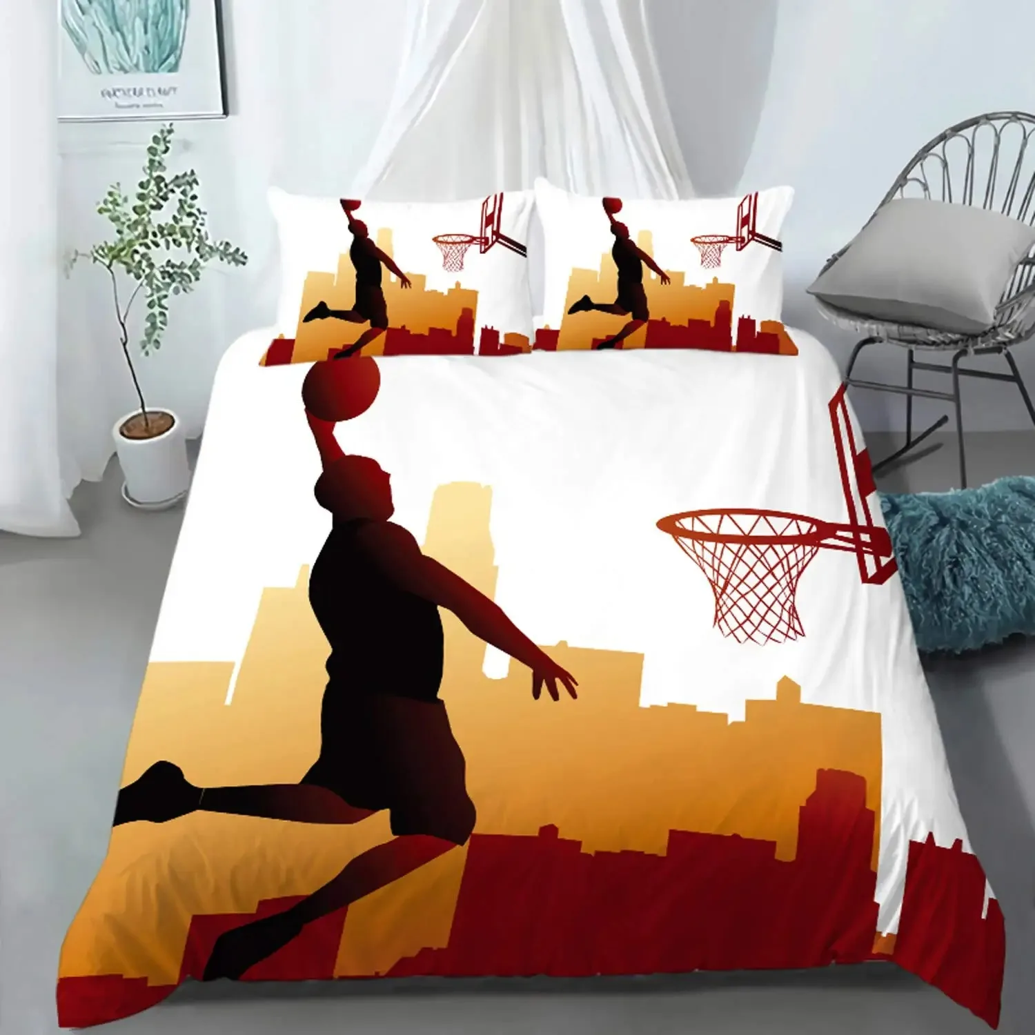 

Boys Basketball Duvet Cover Set Black 3D Ball Sports Bedding Set for Boys Men Basketball Court Competitive Games Comforter Cover
