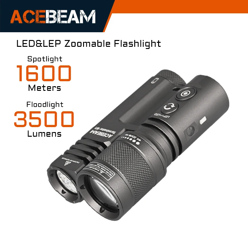 ACEBEAM Terminator M1 LED(Floodlight) & Zoomable LEP(Spotlight) Flashlight 1750 Yards Ultra Long Throw 3500 Lumens Flashlights