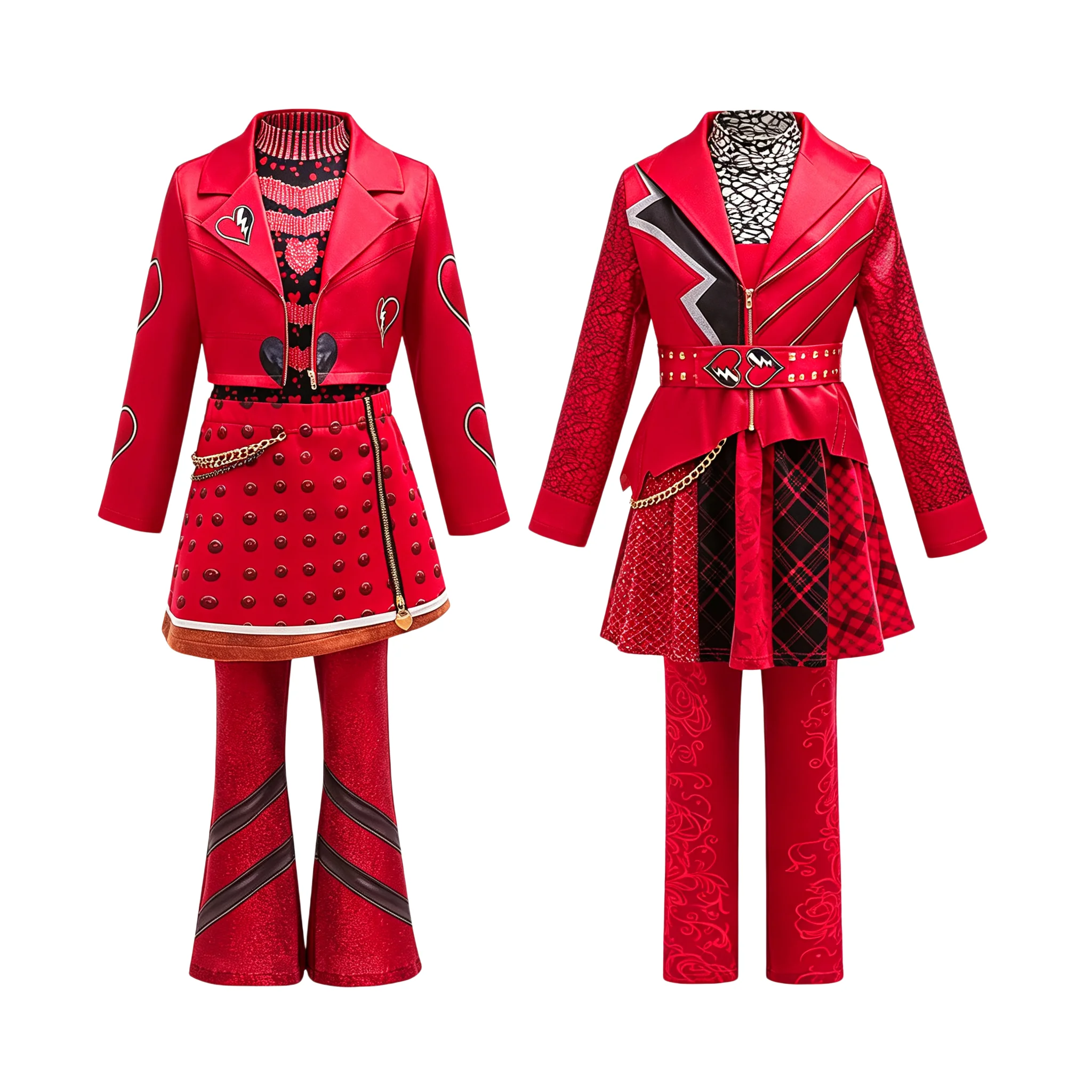 AwwwCos Mädchen Rotes 3-teiliges Cosplay-Outfit-Set: Kurze Jacke, Rock, Schlaghose, Kleid für Halloween, Karneval, Kostümparty