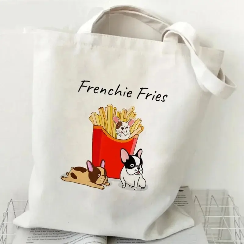 French Bulldog Funny Cartoon Shoulder Bags Fashion Tote Handbags Canvas Girl Environmental Large Capacity Portable Shopping Bag