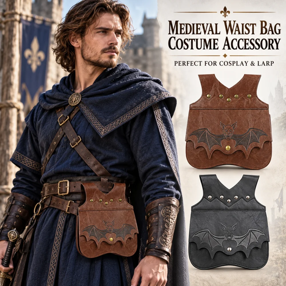 Halloween Medieval PU Leather Waist Bag, Bat Pattern Belt Pouch LARP Cosplay Costume Prop