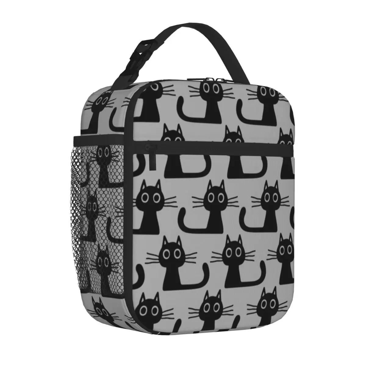 Bestselling Cutie Kitty Cat Wide Eyed Black Kitten Abstract Reusable Lunch Bag Open Air Meal Lunch Carrier