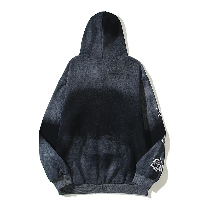 High Street Tie Dye Letter Embroidery Terry Hooded Hoodies for Men and Women Pullover Distressed Baggy Casual Sweatshirts