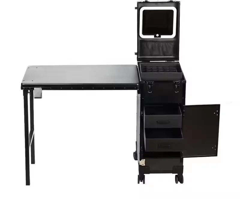 Portable trolley with Light Emitting Diode and Mirror Nail Table Large Capacity Rolling Dresser Polished Drawer Storage Box