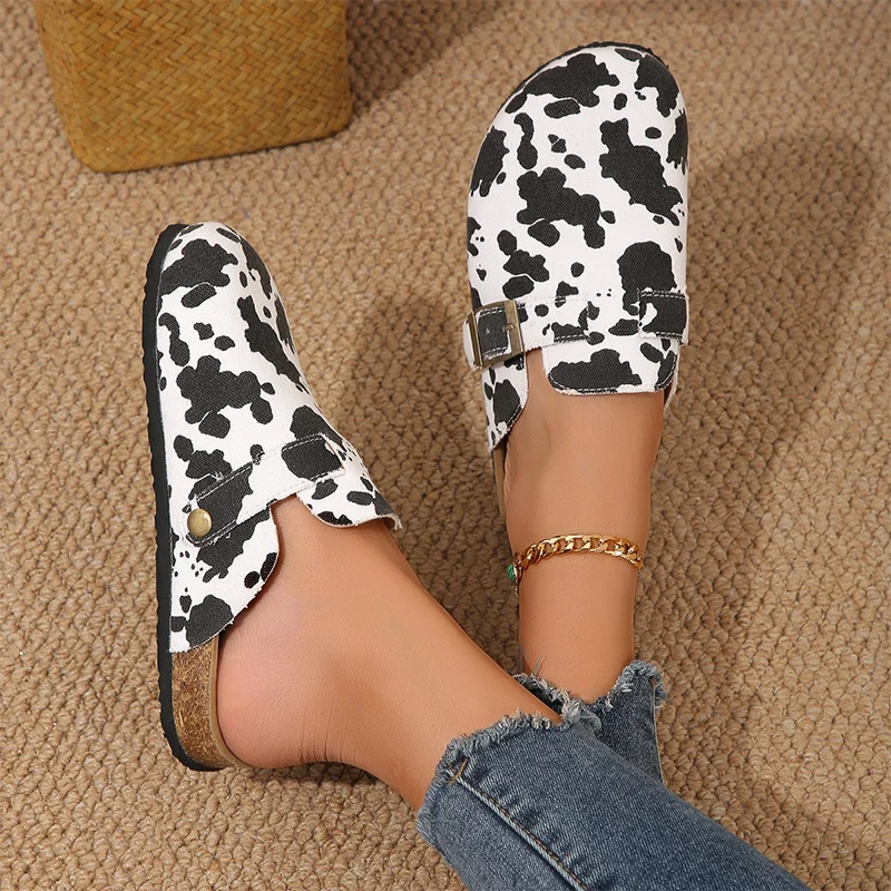 Flats Mules Women Shoes Cow Print Slippers Summer Comfort Walking Sandals New Outdoor Dress Slides Slingback Home Shoes Woman