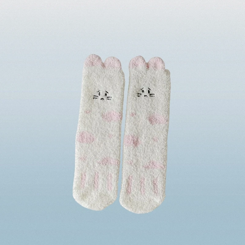 Calcetines de invierno de medio terciopelo para mujer, calcetines gruesos y cálidos de gato lindo, toalla de dormir transpirable, calcetines de confinamiento, 5/10 pares