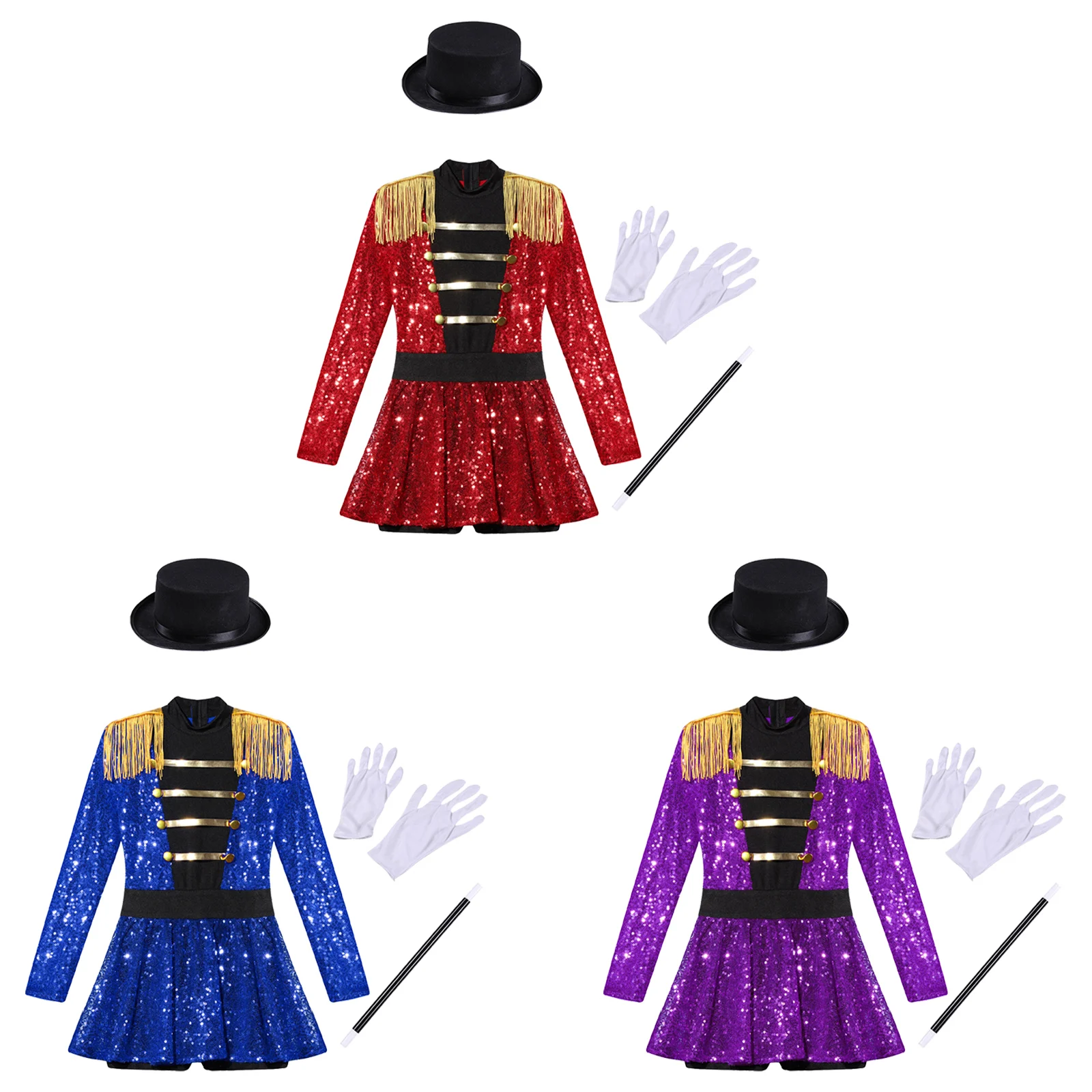 Kids Girls Circus Ringmaster Magician Costume Shiny Sequins Performance Jumpsuit Bodysuit Outfit Halloween Carnival Fancy Dress