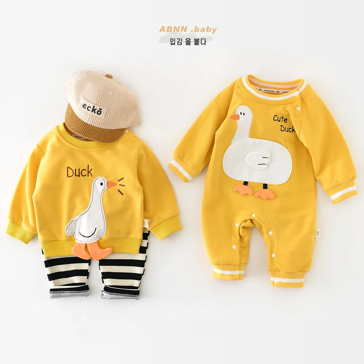 Autumn Ins 2023 Newborn Baby Boys Bodysuit Cotton Long Sleeve Duck Patched Infant Boys Rompers Loose Toddler Boys Pullovers