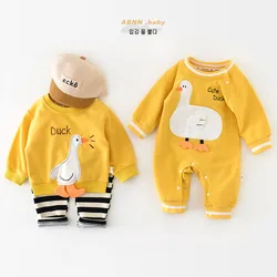 Autumn Ins 2023 Newborn Baby Boys Bodysuit Cotton Long Sleeve Duck Patched Infant Boys Rompers Loose Toddler Boys Pullovers