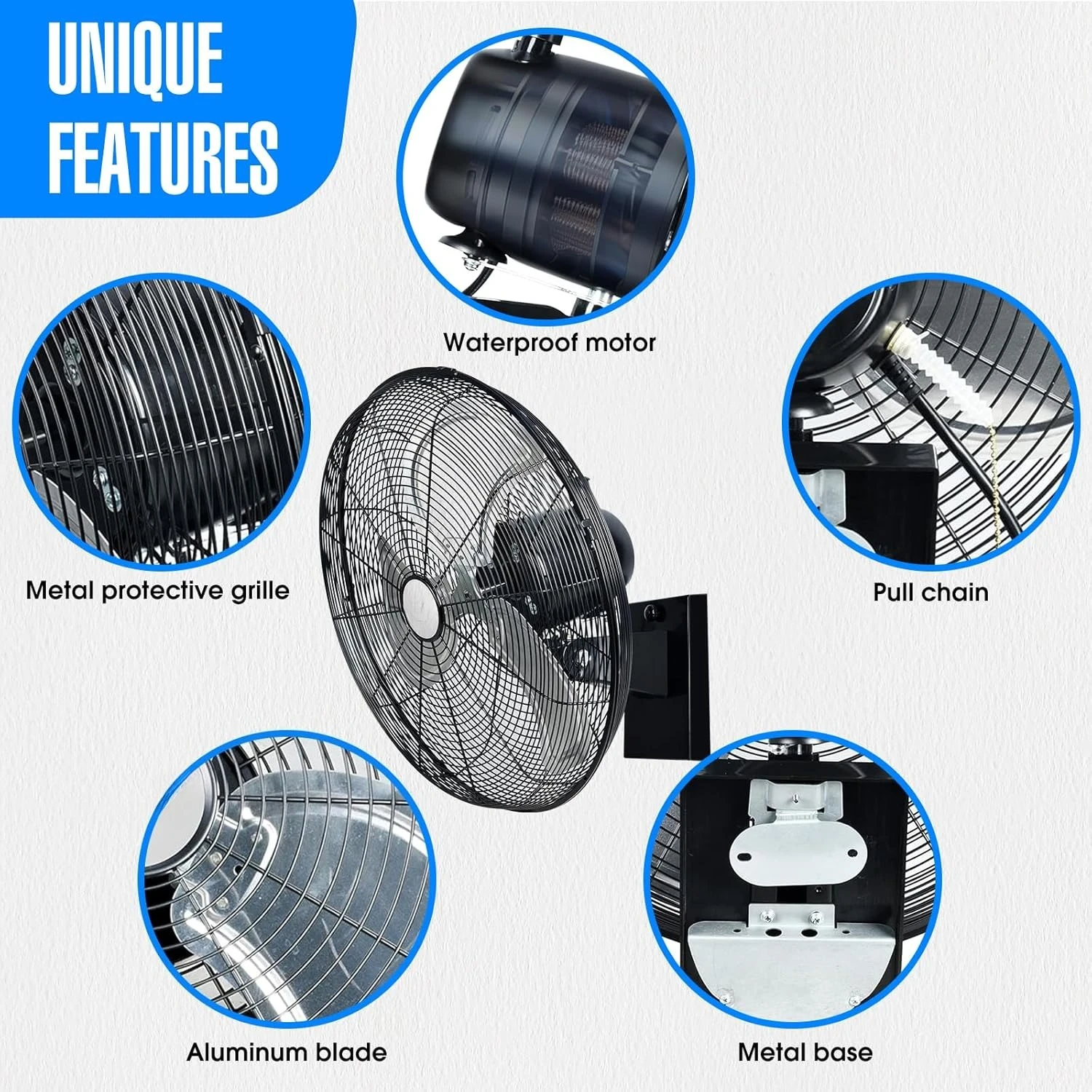 Outdoor oscillating high-speed wall fan, weatherproof motor