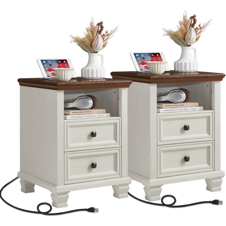 Farmhouse Nightstand Set of 2 with Charging Station Rustic White Nightstand 2 Drawers End Table for Living Room Bedside Table w