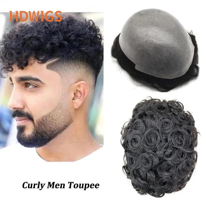 

Men's Capillary Prothesis Vloop Indian Remy Human Hair Wigs Full PU 0.06-0.08mm Male Toupee 15mm Curly Capillary Natural Color