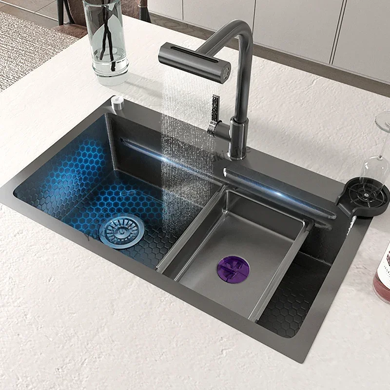 Stainless steel Kitchen Sink Embossed Large Single Slot Washing pond With  Faucet Wash Basin Water On The Left Side