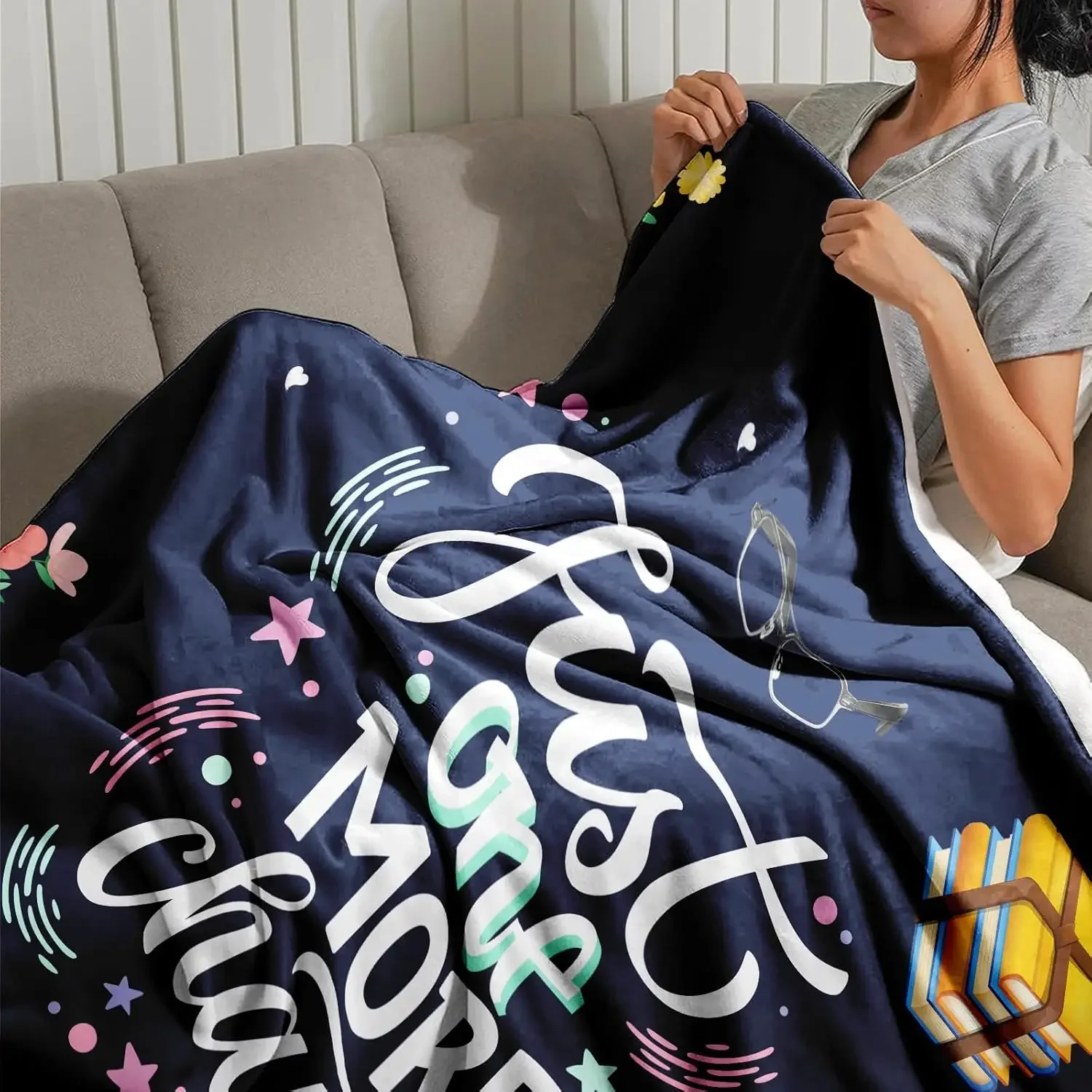 Just One More Chapter Blanket 50x60 inches – Cozy Flannel Reading Throw for Book Lovers, Women, Teens – Cute Book and Tea Design