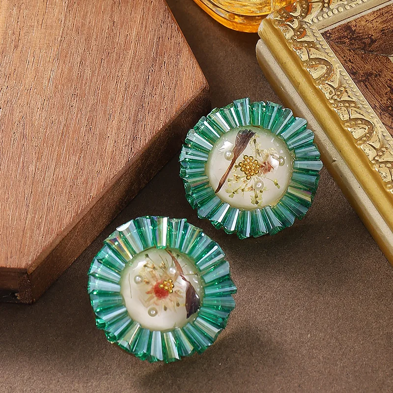 

Temperament small fragrance geometric round crystal flower pearl earrings light luxury high-end commuter earrings