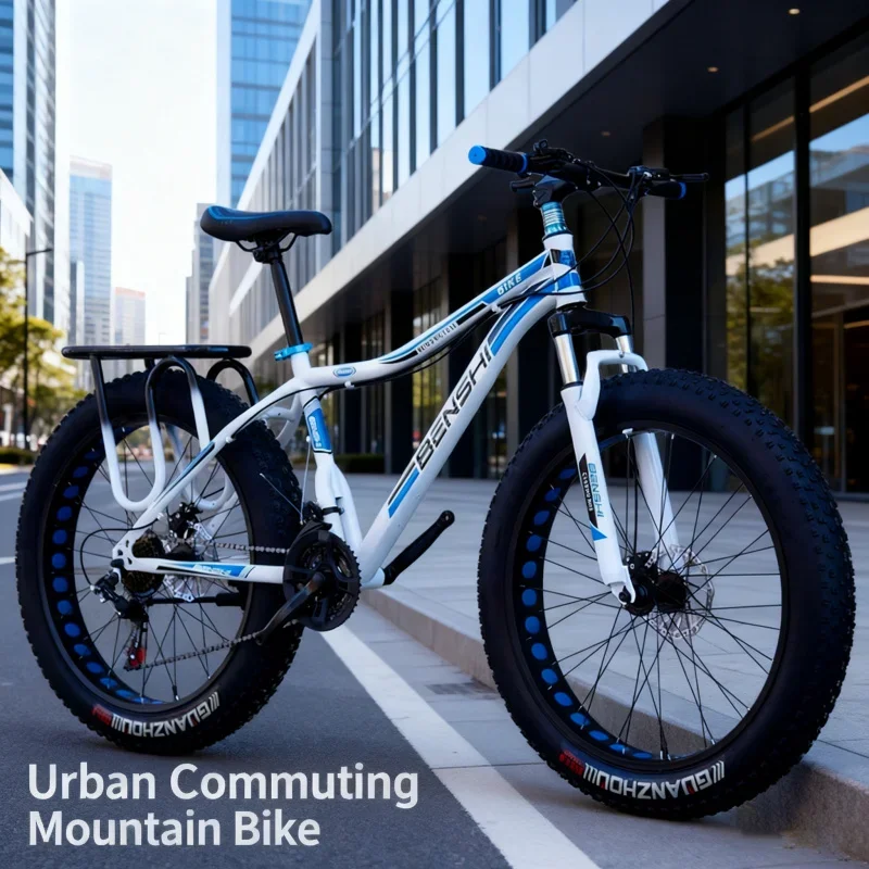 

Adult Men's White And Blue Hollow Design Large Tire Bicycle Variable Speed Thick Wide Snow Mountain Off-Road Fat Bike for Beach