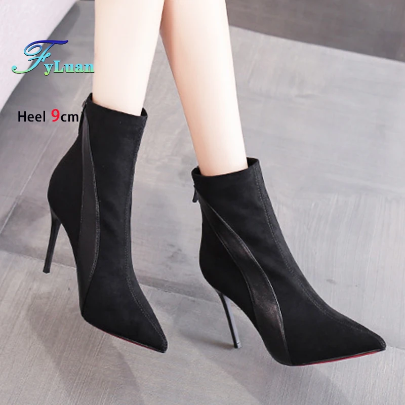 

2025 Winter New Brand Short Boots Women 9CM Black Faux Suede Ankle Boots Thin High Heels Fashion Pointy Toe Elegant Ladies Shoes