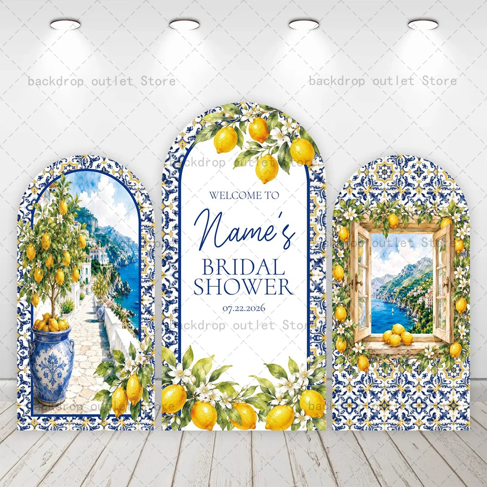 Mehofond Custom Lemon Citrus Arch Backdrop Cover Summer Sea View Mediterranean Tiles Bridal Shower Party Decoration Background