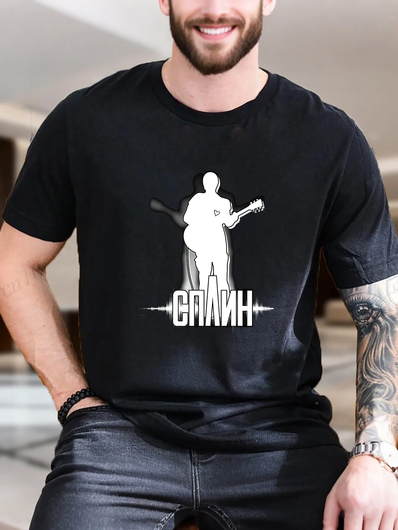 

New Arrival Fashion Men's Graphic Print T-Shirt Soft Cotton Tee with Stylish Guitarist Silhouette Design Trendy Theme Comfortable