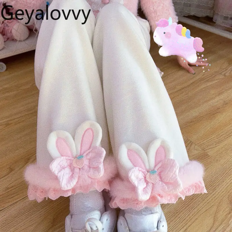 Autunno Inverno Cute Sweet Girl Bowknot Pantaloni a gamba larga Pantaloni casual in vita elastica allentata versatile Pantaloni lunghi dritti ispessiti