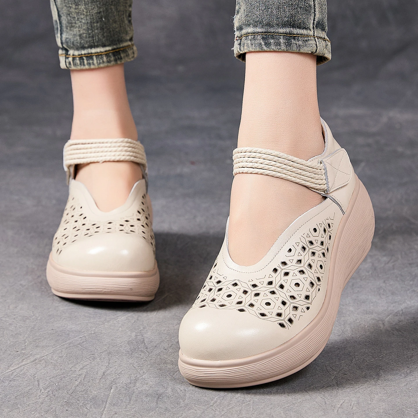 

GKTINOO Platform Sneakers Women Spring Hollow Genuine Leather Round Toe Buckle Strap Ethnic Style Wedges Heel Mother Shoes Pumps