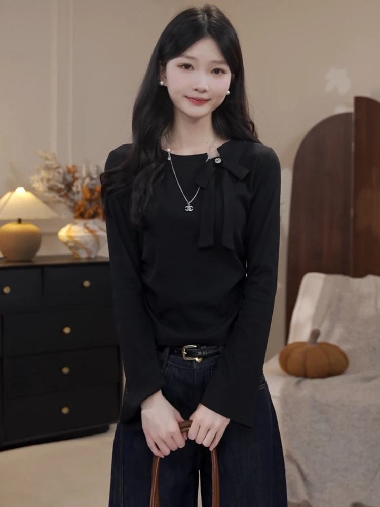 

Женская футболка из чистого хлопка Long Sve Round Ne Faion Lazy Sle, осеннее новое поступление, уличный красивый топ, корейский вес...