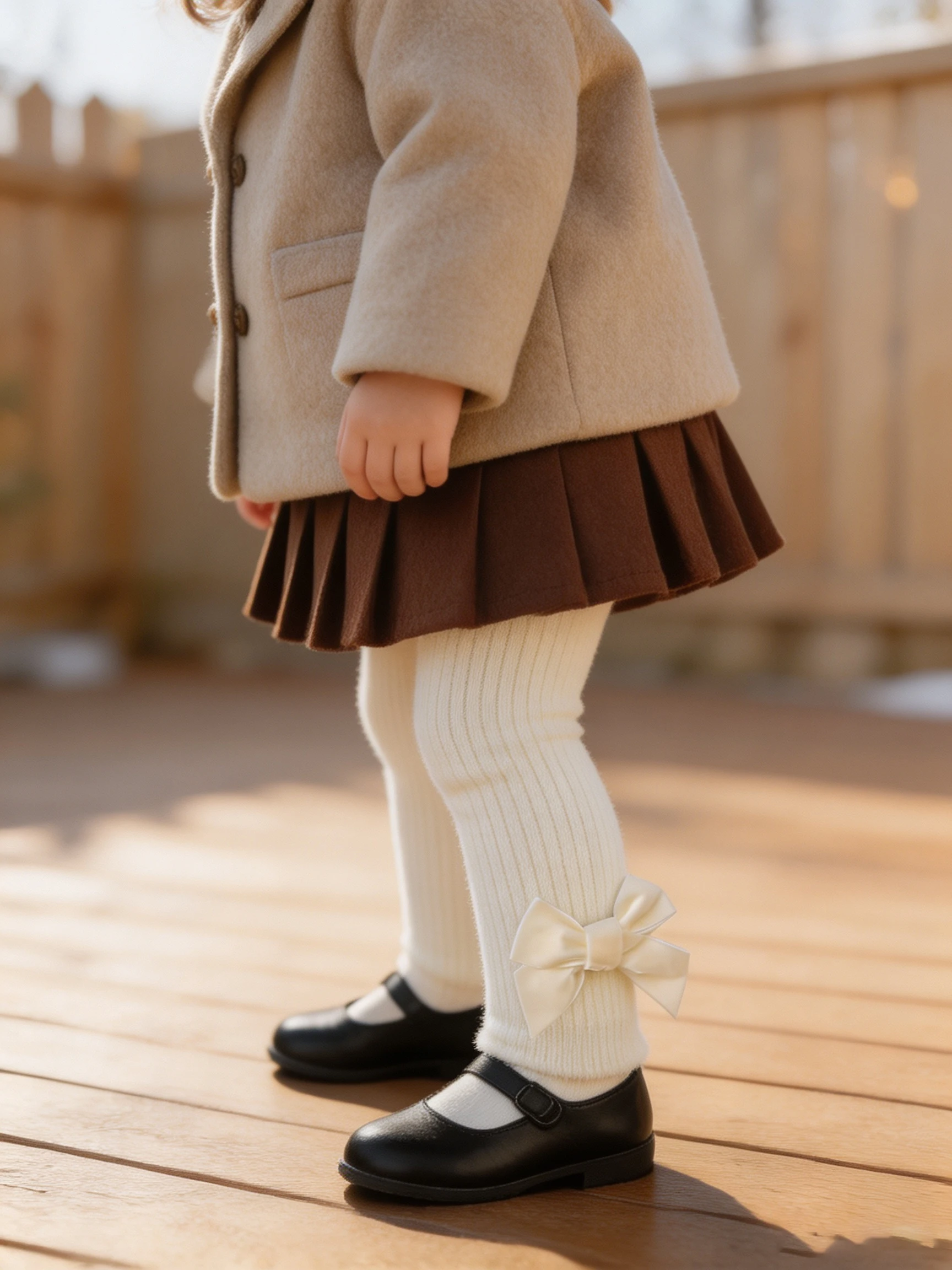 1 Piece Kids Ribbed Leggings Bow Decor Solid Thick Knit Thermal Tights Soft Elastic Daily Bottoms for Baby Toddler Girls 0‑3Y