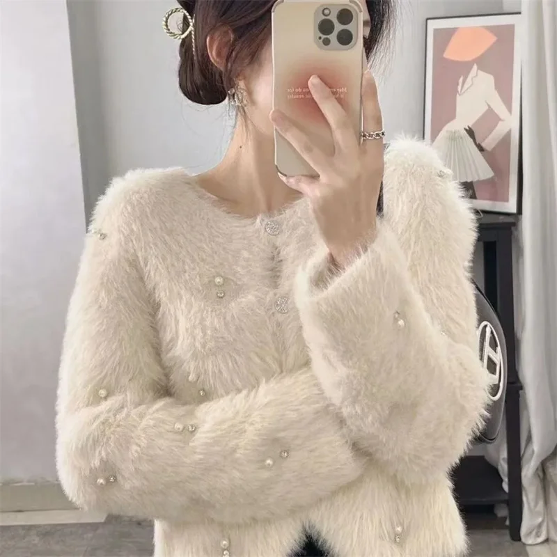 แฟชั่น V คอเลียนแบบ Mink เสื้อกันหนาวผู้หญิงฤดูใบไม้ผลิฤดูใบไม้ร่วงใหม่ญี่ปุ่นเสื้อกันหนาวแขนยาว Knitt เสื้อสเวตเตอร์ถักหญิง