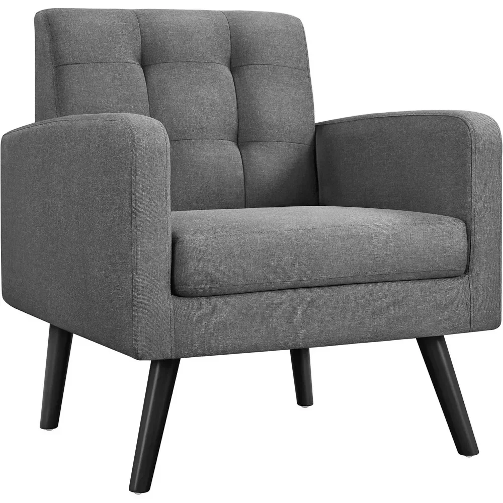 Modern living room chair, medieval armchair, button stitched back and wooden legs, suitable for bedroom/study, gray