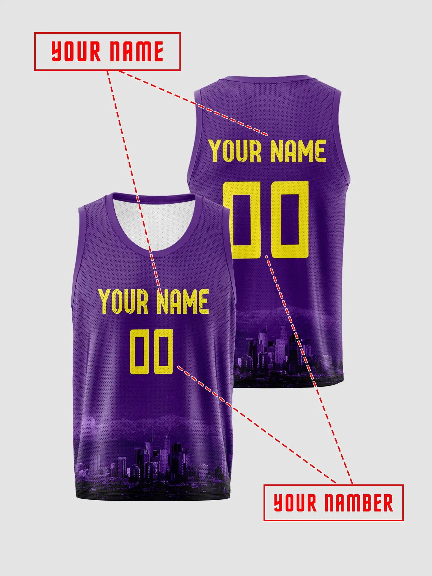 Purple background city print children's adult customized basketball suit breathable mesh can print name and number