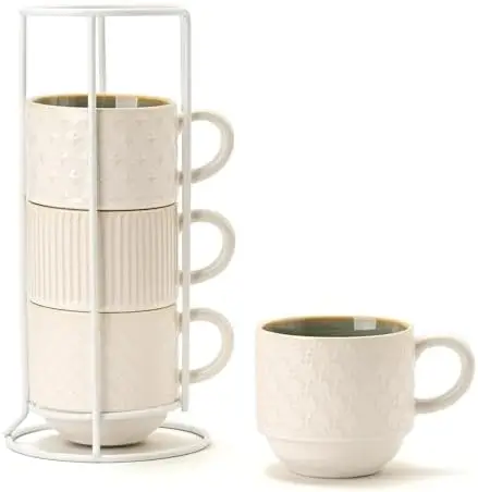JIEMEI HOME 15 oz Ceramic Coffee Mug Set of 4 with Stand – Stackable, Dishwasher & Microwave Safe – White & Green