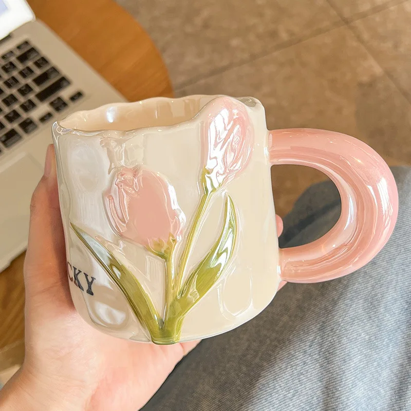 

Cartoon Tulip-shaped Ceramic Mug Cute Household Breakfast Mugs Office Coffee Cup Couple Water Cups Drinkware