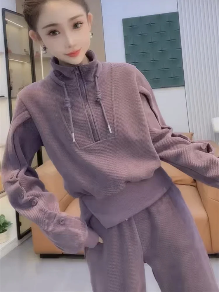 

Autumn and winter fashion sports two-piece set women versatile half zipper stand up collar top straight leg pants set