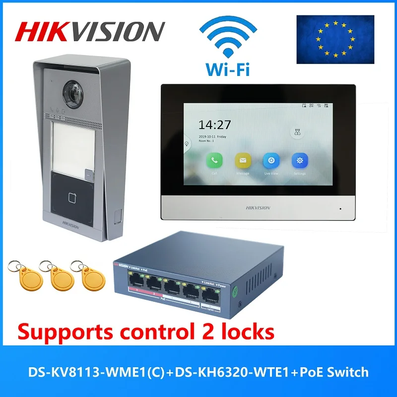 hikvision kit original de intercomunicador de video poe ds kv8113 wme1c e ds kh6320 wte1 poe switch multilingue 8023af poe 01