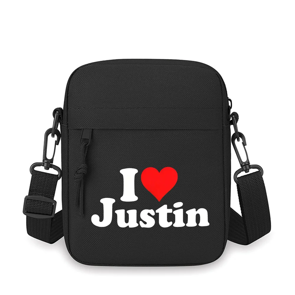 

Love heart and name Justin Men Crossbody Bag Single Shoulder Women Cartoon Anime Film Printing Design Unisex