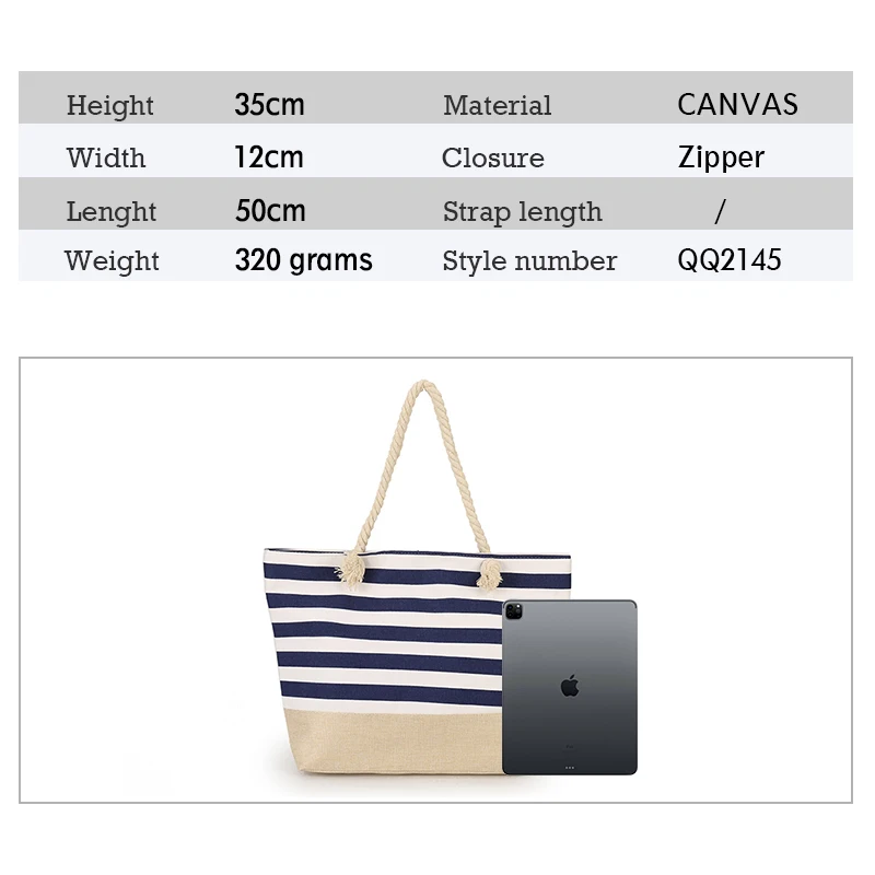 AFKOMST Beach Bag for Woman Canvas Fashion Handbag Striped Large Capacity Shopping Travel Bags