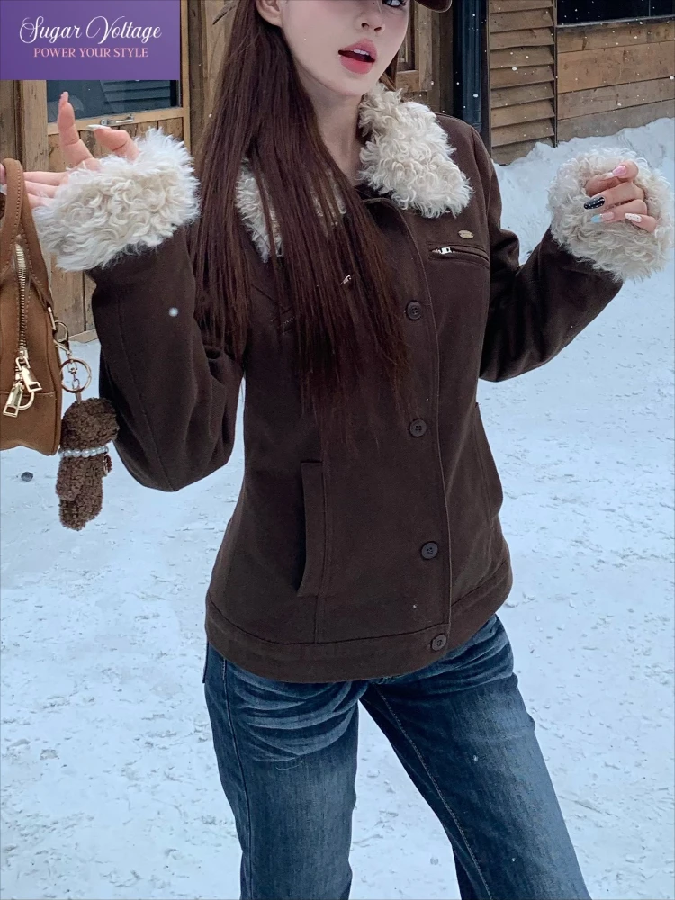 

Autumn New American Streetwear Fashion Vintage Brown Faux Fur Collar Jacket Women Winter Short Quilted Coat Slim Fit Warm Tops